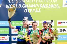 23.08.2024, Otepaeae, Estonia (EST): Suvi Minkkinen (FIN), Paulina Batovska Fialkova (SVK), Lucie Charvatova (CZE), (l-r) - IBU Summer Biathlon World Championships, super sprint women, Otepaeae (EST). www.nordicfocus.com. © Manzoni/NordicFocus. Every downloaded picture is fee-liable.