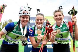 23.08.2024, Otepaeae, Estonia (EST): Suvi Minkkinen (FIN), Paulina Batovska Fialkova (SVK), Lucie Charvatova (CZE), (l-r) - IBU Summer Biathlon World Championships, super sprint women, Otepaeae (EST). www.nordicfocus.com. © Manzoni/NordicFocus. Every downloaded picture is fee-liable.