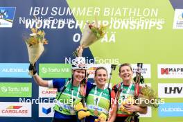 23.08.2024, Otepaeae, Estonia (EST): Suvi Minkkinen (FIN), Paulina Batovska Fialkova (SVK), Lucie Charvatova (CZE), (l-r) - IBU Summer Biathlon World Championships, super sprint women, Otepaeae (EST). www.nordicfocus.com. © Manzoni/NordicFocus. Every downloaded picture is fee-liable.