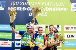 23.08.2024, Otepaeae, Estonia (EST): Suvi Minkkinen (FIN), Paulina Batovska Fialkova (SVK), Lucie Charvatova (CZE), (l-r) - IBU Summer Biathlon World Championships, super sprint women, Otepaeae (EST). www.nordicfocus.com. © Manzoni/NordicFocus. Every downloaded picture is fee-liable.