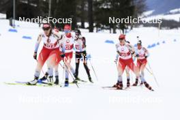 23.03.2024, Ulrichen, Switzerland (SUI): Aita Gasparin (SUI), Lena Haecki-Gross (SUI), Lydia Hiernickel (SUI), Lea Meier (SUI), Susi Meinen (SUI), Elisa Gasparin (SUI), Flavia Barmettler (SUI), (l-r) - Swiss Championships biathlon, mass, Ulrichen (SUI). www.nordicfocus.com. © Manzoni/NordicFocus. Every downloaded picture is fee-liable.