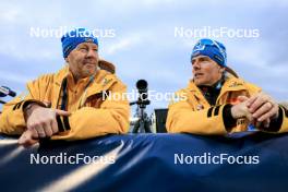 14.02.2024, Nove Mesto na Morave, Czechia (CZE): Uros Velepec (SLO), coach Team Germany, Jens Filbrich (GER), (l-r) - IBU World Championships Biathlon, individual men, Nove Mesto na Morave (CZE). www.nordicfocus.com. © Manzoni/NordicFocus. Every downloaded picture is fee-liable.