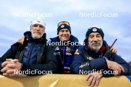 14.02.2024, Nove Mesto na Morave, Czechia (CZE): Jean Paul Giachino (FRA), coach Team France, Patrick Favre (ITA), Jean-Pierre Amat (FRA), Olympic Champion and shooting coach Team France, (l-r) - IBU World Championships Biathlon, individual men, Nove Mesto na Morave (CZE). www.nordicfocus.com. © Manzoni/NordicFocus. Every downloaded picture is fee-liable.