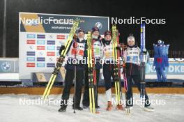 07.02.2024, Nove Mesto na Morave, Czechia (CZE): Tarjei Boe (NOR), Johannes Thingnes Boe (NOR), Karoline Offigstad Knotten (NOR), Ingrid Landmark Tandrevold (NOR), (l-r) - IBU World Championships Biathlon, medals, Nove Mesto na Morave (CZE). www.nordicfocus.com. © Thibaut/NordicFocus. Every downloaded picture is fee-liable.