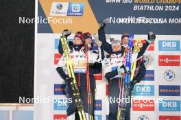 07.02.2024, Nove Mesto na Morave, Czechia (CZE): Johannes Thingnes Boe (NOR), Karoline Offigstad Knotten (NOR), Ingrid Landmark Tandrevold (NOR), Tarjei Boe (NOR), (l-r) - IBU World Championships Biathlon, medals, Nove Mesto na Morave (CZE). www.nordicfocus.com. © Thibaut/NordicFocus. Every downloaded picture is fee-liable.