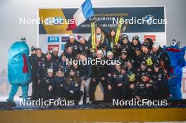 15.02.2024, Nove Mesto na Morave, Czechia (CZE): Tommaso Giacomel (ITA), Lisa Vittozzi (ITA) and  team France, (l-r) - IBU World Championships Biathlon, medals, Nove Mesto na Morave (CZE). www.nordicfocus.com. © Thibaut/NordicFocus. Every downloaded picture is fee-liable.