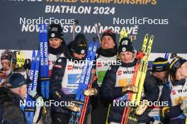 07.02.2024, Nove Mesto na Morave, Czechia (CZE): Eric Perrot (FRA), Julia Simon (FRA), Justine Braisaz-Bouchet (FRA), (l-r) - IBU World Championships Biathlon, medals, Nove Mesto na Morave (CZE). www.nordicfocus.com. © Thibaut/NordicFocus. Every downloaded picture is fee-liable.