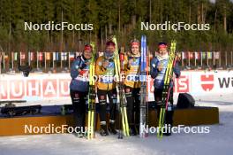 17.02.2024, Nove Mesto na Morave, Czechia (CZE): Janina Hettich-Walz (GER), Selina Grotian (GER), Vanessa Voigt (GER), Sophia Schneider (GER), (l-r) - IBU World Championships Biathlon, medals, Nove Mesto na Morave (CZE). www.nordicfocus.com. © Thibaut/NordicFocus. Every downloaded picture is fee-liable.