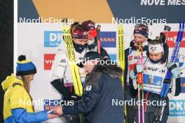 07.02.2024, Nove Mesto na Morave, Czechia (CZE): Johannes Thingnes Boe (NOR), Karoline Offigstad Knotten (NOR), Ingrid Landmark Tandrevold (NOR), Tarjei Boe (NOR), (l-r) - IBU World Championships Biathlon, medals, Nove Mesto na Morave (CZE). www.nordicfocus.com. © Thibaut/NordicFocus. Every downloaded picture is fee-liable.