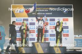 07.02.2024, Nove Mesto na Morave, Czechia (CZE): Justine Braisaz-Bouchet (FRA), Julia Simon (FRA), Lou Jeanmonnot (FRA), (l-r) - IBU World Championships Biathlon, medals, Nove Mesto na Morave (CZE). www.nordicfocus.com. © Thibaut/NordicFocus. Every downloaded picture is fee-liable.