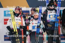 07.02.2024, Nove Mesto na Morave, Czechia (CZE): Karoline Offigstad Knotten (NOR), Johannes Thingnes Boe (NOR), Ingrid Landmark Tandrevold (NOR), (l-r) - IBU World Championships Biathlon, medals, Nove Mesto na Morave (CZE). www.nordicfocus.com. © Thibaut/NordicFocus. Every downloaded picture is fee-liable.