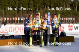 17.02.2024, Nove Mesto na Morave, Czechia (CZE): Janina Hettich-Walz (GER), Selina Grotian (GER), Vanessa Voigt (GER), Sophia Schneider (GER), (l-r) - IBU World Championships Biathlon, medals, Nove Mesto na Morave (CZE). www.nordicfocus.com. © Thibaut/NordicFocus. Every downloaded picture is fee-liable.