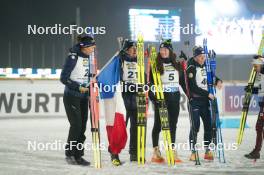 07.02.2024, Nove Mesto na Morave, Czechia (CZE): Julia Simon (FRA), Justine Braisaz-Bouchet (FRA), Lou Jeanmonnot (FRA), Sophie Chauveau (FRA), (l-r) - IBU World Championships Biathlon, medals, Nove Mesto na Morave (CZE). www.nordicfocus.com. © Thibaut/NordicFocus. Every downloaded picture is fee-liable.