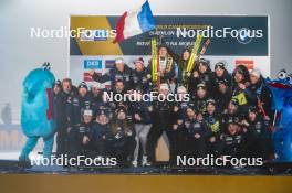 15.02.2024, Nove Mesto na Morave, Czechia (CZE): Tommaso Giacomel (ITA), Lisa Vittozzi (ITA) and  team France, (l-r) - IBU World Championships Biathlon, medals, Nove Mesto na Morave (CZE). www.nordicfocus.com. © Thibaut/NordicFocus. Every downloaded picture is fee-liable.