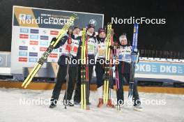 07.02.2024, Nove Mesto na Morave, Czechia (CZE): Tarjei Boe (NOR), Johannes Thingnes Boe (NOR), Karoline Offigstad Knotten (NOR), Ingrid Landmark Tandrevold (NOR), (l-r) - IBU World Championships Biathlon, medals, Nove Mesto na Morave (CZE). www.nordicfocus.com. © Thibaut/NordicFocus. Every downloaded picture is fee-liable.