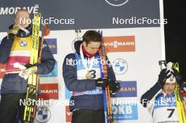 11.02.2024, Nove Mesto na Morave, Czechia (CZE): Johannes Thingnes Boe (NOR), Vetle Sjaastad Christiansen (NOR), Johannes Dale-Skjevdal (NOR), (l-r) - IBU World Championships Biathlon, medals, Nove Mesto na Morave (CZE). www.nordicfocus.com. © Thibaut/NordicFocus. Every downloaded picture is fee-liable.