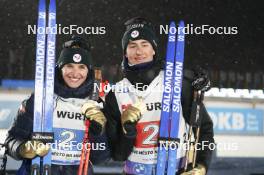 07.02.2024, Nove Mesto na Morave, Czechia (CZE): Julia Simon (FRA), Eric Perrot (FRA), (l-r) - IBU World Championships Biathlon, medals, Nove Mesto na Morave (CZE). www.nordicfocus.com. © Thibaut/NordicFocus. Every downloaded picture is fee-liable.