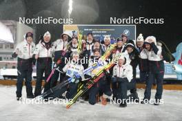 07.02.2024, Nove Mesto na Morave, Czechia (CZE): Tarjei Boe (NOR), Johannes Thingnes Boe (NOR), Karoline Offigstad Knotten (NOR), Ingrid Landmark Tandrevold (NOR), (l-r) - IBU World Championships Biathlon, medals, Nove Mesto na Morave (CZE). www.nordicfocus.com. © Thibaut/NordicFocus. Every downloaded picture is fee-liable.