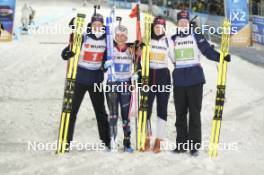 07.02.2024, Nove Mesto na Morave, Czechia (CZE): Tarjei Boe (NOR), Ingrid Landmark Tandrevold (NOR), Karoline Offigstad Knotten (NOR), Johannes Thingnes Boe (NOR), (l-r) - IBU World Championships Biathlon, mixed relay, Nove Mesto na Morave (CZE). www.nordicfocus.com. © Thibaut/NordicFocus. Every downloaded picture is fee-liable.