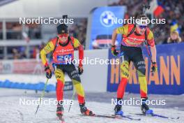 17.02.2024, Nove Mesto na Morave, Czechia (CZE): Julien Petitjacques (BEL), Marek Mackels (BEL), (l-r) - IBU World Championships Biathlon, relay men, Nove Mesto na Morave (CZE). www.nordicfocus.com. © Manzoni/NordicFocus. Every downloaded picture is fee-liable.