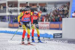 17.02.2024, Nove Mesto na Morave, Czechia (CZE): Julien Petitjacques (BEL), Marek Mackels (BEL), (l-r) - IBU World Championships Biathlon, relay men, Nove Mesto na Morave (CZE). www.nordicfocus.com. © Manzoni/NordicFocus. Every downloaded picture is fee-liable.