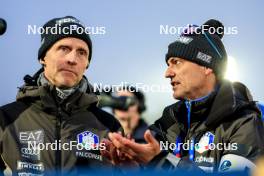 09.02.2024, Nove Mesto na Morave, Czechia (CZE): Jonne Kahkonen (FIN), coach Team Italy, Alexander Inderst (ITA), (l-r) - IBU World Championships Biathlon, sprint women, Nove Mesto na Morave (CZE). www.nordicfocus.com. © Manzoni/NordicFocus. Every downloaded picture is fee-liable.