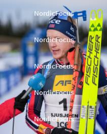 17.11.2024, Sjusjoen, Norway (NOR): Johannes Thingnes Boe (NOR) being interviewed by Norwegian broadcaster NRK - Biathlon Season Opening, mass, Sjusjoen (NOR). www.nordicfocus.com. © Nordnes/NordicFocus. Every downloaded picture is fee-liable.