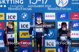 17.11.2024, Sjusjoen, Norway (NOR): Maren Hjelmeset Kirkeeide (NOR), Ingrid Landmark Tandrevold (NOR), Dorothea Wierer (ITA), (l-r) - Biathlon Season Opening, mass, Sjusjoen (NOR). www.nordicfocus.com. © Nordnes/NordicFocus. Every downloaded picture is fee-liable.