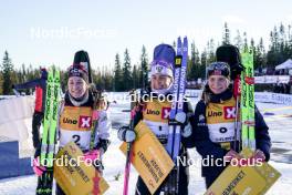 16.11.2024, Sjusjoen, Norway (NOR): Emilie Aagheim Kalkenberg (NOR), Ingrid Landmark Tandrevold (NOR), Gro Njoelstad Randby (NOR), (l-r) - Biathlon Season Opening, sprint, Sjusjoen (NOR). www.nordicfocus.com. © Nordnes/NordicFocus. Every downloaded picture is fee-liable.