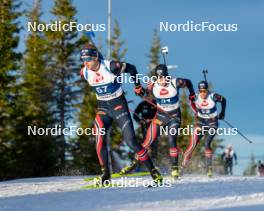 15.11.2024, Sjusjoen, Norway (NOR): Johannes Thingnes Boe (NOR), Johannes Dale-Skjevdal (NOR) and Sturla Holm Laegreid (NOR) (l-r) - Biathlon Season Opening, training, Sjusjoen (NOR). www.nordicfocus.com. © Nordnes/NordicFocus. Every downloaded picture is fee-liable.