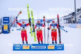 20.01.2024, Oberhof, Germany (GER): Martin Loewstroem Nyenget (NOR), Erik Valnes (NOR), Paal Golberg (NOR), (l-r)  - FIS world cup cross-country, mass, Oberhof (GER). www.nordicfocus.com. © Authamayou/NordicFocus. Every downloaded picture is fee-liable.