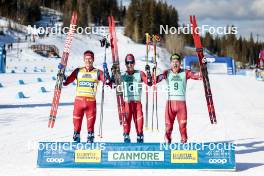 09.02.2024, Canmore, Canada (CAN): Harald Oestberg Amundsen (NOR), Simen Hegstad Krueger (NOR), Mika Vermeulen (AUT), (l-r) - FIS world cup cross-country, 15km mass, Canmore (CAN). www.nordicfocus.com. © Modica/NordicFocus. Every downloaded picture is fee-liable.