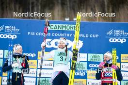 10.02.2024, Canmore, Canada (CAN): Maja Dahlqvist (SWE), Kristine Stavaas Skistad (NOR), Linn Svahn (SWE), (l-r) - FIS world cup cross-country, individual sprint, Canmore (CAN). www.nordicfocus.com. © Modica/NordicFocus. Every downloaded picture is fee-liable.