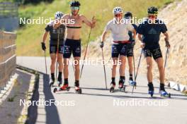 23.07.2024, Premanon, France (FRA): Remi Bourdin (FRA), Hugo Lapalus (FRA), Jules Lapierre (FRA), Mathis Desloges (FRA), Clement Parisse (FRA), (l-r) - Cross-Country summer training, Premanon (FRA). www.nordicfocus.com. © Manzoni/NordicFocus. Every downloaded picture is fee-liable.