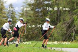 28.05.2024, Lenzerheide, Switzerland (SUI): Jon-Fadri Nufer (SUI), Noe Naeff (SUI), Isai Naeff (SUI), (l-r) - Cross-Country training, Lenzerheide (SUI). www.nordicfocus.com. © Manzoni/NordicFocus. Every downloaded picture is fee-liable.