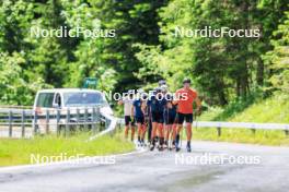 21.06.2024, Les Diablerets, Switzerland (SUI): Ilan Pittier (SUI), Janik Riebli (SUI), Jonas Baumann (SUI), Beda Klee (SUI), Valerio Grond (SUI), (l-r) - Cross-Country summer training, Les Diablerets (SUI). www.nordicfocus.com. © Manzoni/NordicFocus. Every downloaded picture is fee-liable.