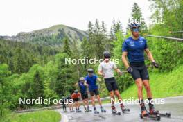 21.06.2024, Les Diablerets, Switzerland (SUI): Beda Klee (SUI), Nicola Wigger (SUI), Erwan Kaeser (SUI), Janik Riebli (SUI), Valerio Grond (SUI), Jonas Baumann (SUI), Fabrizio Albasini (SUI), (l-r) - Cross-Country summer training, Les Diablerets (SUI). www.nordicfocus.com. © Manzoni/NordicFocus. Every downloaded picture is fee-liable.