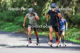 15.08.2024, Ulrichen, Switzerland (SUI): Lucas Boegl (GER), Florian Notz (GER), Anian Sossau (GER), (l-r) - Cross-Country summer training, Ulrichen (SUI). www.nordicfocus.com. © Manzoni/NordicFocus. Every downloaded picture is fee-liable.