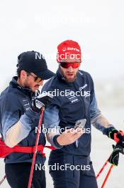 22.06.2024, Les Diablerets, Switzerland (SUI): Jonas Baumann (SUI), Erik Braten Guidon (NOR), coach Team Switzerland, (l-r) - Cross-Country summer training on the Glacier 3000, Les Diablerets (SUI). www.nordicfocus.com. © Manzoni/NordicFocus. Every downloaded picture is fee-liable.