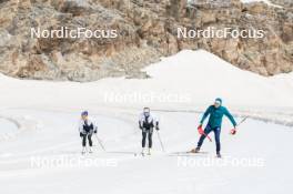 18.06.2024, Tignes, France (FRA): Flora Dolci (FRA), Léna Quintin (FRA), Alexandre Pouyé (FRA), Coach Team France, (l-r) - Cross-Country summer training, Tignes (FRA). www.nordicfocus.com. © Authamayou/NordicFocus. Every downloaded picture is fee-liable.