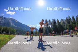 06.08.2024, Lenzerheide, Switzerland (SUI): Beda Klee (SUI), Valerio Grond (SUI), Nicola Wigger (SUI), (l-r) - Cross-Country summer training, Lenzerheide (SUI). www.nordicfocus.com. © Manzoni/NordicFocus. Every downloaded picture is fee-liable.