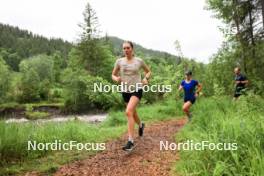 21.06.2024, Les Diablerets, Switzerland (SUI): Marina Kaelin (SUI), Nadia Kaelin (SUI), Joeri Kindschi (SUI), (l-r) - Cross-Country summer training, Les Diablerets (SUI). www.nordicfocus.com. © Manzoni/NordicFocus. Every downloaded picture is fee-liable.