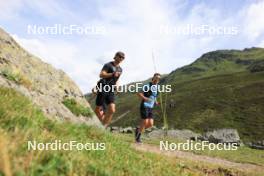 07.08.2024, Lenzerheide, Switzerland (SUI): Nicola Wigger (SUI), Valerio Grond (SUI), Beda Klee (SUI), (l-r) - Cross-Country summer training, Lenzerheide (SUI). www.nordicfocus.com. © Manzoni/NordicFocus. Every downloaded picture is fee-liable.