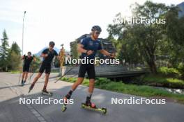 07.08.2024, Lenzerheide, Switzerland (SUI): Valerio Grond (SUI), Nicola Wigger (SUI), Beda Klee (SUI), (l-r) - Cross-Country summer training, Lenzerheide (SUI). www.nordicfocus.com. © Manzoni/NordicFocus. Every downloaded picture is fee-liable.