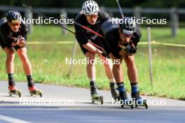 10.09.2024, Lenzerheide, Switzerland (SUI): Jonas Baumann (SUI), Janik Riebli (SUI), Valerio Grond (SUI), (l-r) - Cross-Country training, Lenzerheide (SUI). www.nordicfocus.com. © Manzoni/NordicFocus. Every downloaded picture is fee-liable.