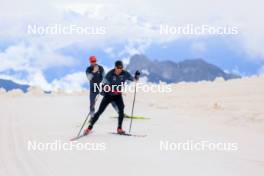 22.06.2024, Les Diablerets, Switzerland (SUI): Jonas Baumann (SUI), Erik Braten Guidon (NOR), coach Team Switzerland, (l-r) - Cross-Country summer training on the Glacier 3000, Les Diablerets (SUI). www.nordicfocus.com. © Manzoni/NordicFocus. Every downloaded picture is fee-liable.