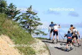 23.07.2024, Premanon, France (FRA): Remi Bourdin (FRA), Hugo Lapalus (FRA), Jules Lapierre (FRA), Mathis Desloges (FRA), Clement Parisse (FRA), (l-r) - Cross-Country summer training, Premanon (FRA). www.nordicfocus.com. © Manzoni/NordicFocus. Every downloaded picture is fee-liable.