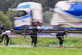 13.09.2024, Schiers, Switzerland (SUI): Roman Schaad (SUI), Janik Riebli (SUI), Jonas Baumann (SUI), (l-r) - Cross-Country summer training, Lenzerheide (SUI). www.nordicfocus.com. © Manzoni/NordicFocus. Every downloaded picture is fee-liable.