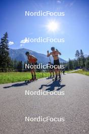 06.08.2024, Lenzerheide, Switzerland (SUI): Beda Klee (SUI), Valerio Grond (SUI), Nicola Wigger (SUI), (l-r) - Cross-Country summer training, Lenzerheide (SUI). www.nordicfocus.com. © Manzoni/NordicFocus. Every downloaded picture is fee-liable.