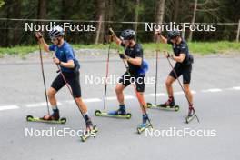 07.08.2024, Lenzerheide, Switzerland (SUI): Beda Klee (SUI), Nicola Wigger (SUI), Valerio Grond (SUI), (l-r) - Cross-Country summer training, Lenzerheide (SUI). www.nordicfocus.com. © Manzoni/NordicFocus. Every downloaded picture is fee-liable.